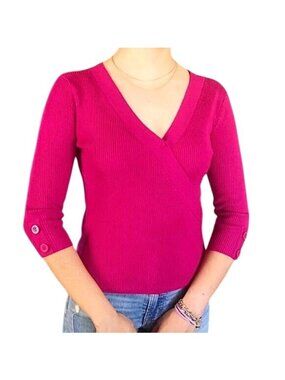 NEW YORK & CO.- WOMEN PULLOVER V-NECK BELTED KNIT SWEATER TOP-MAGENTA SIZE SMALL